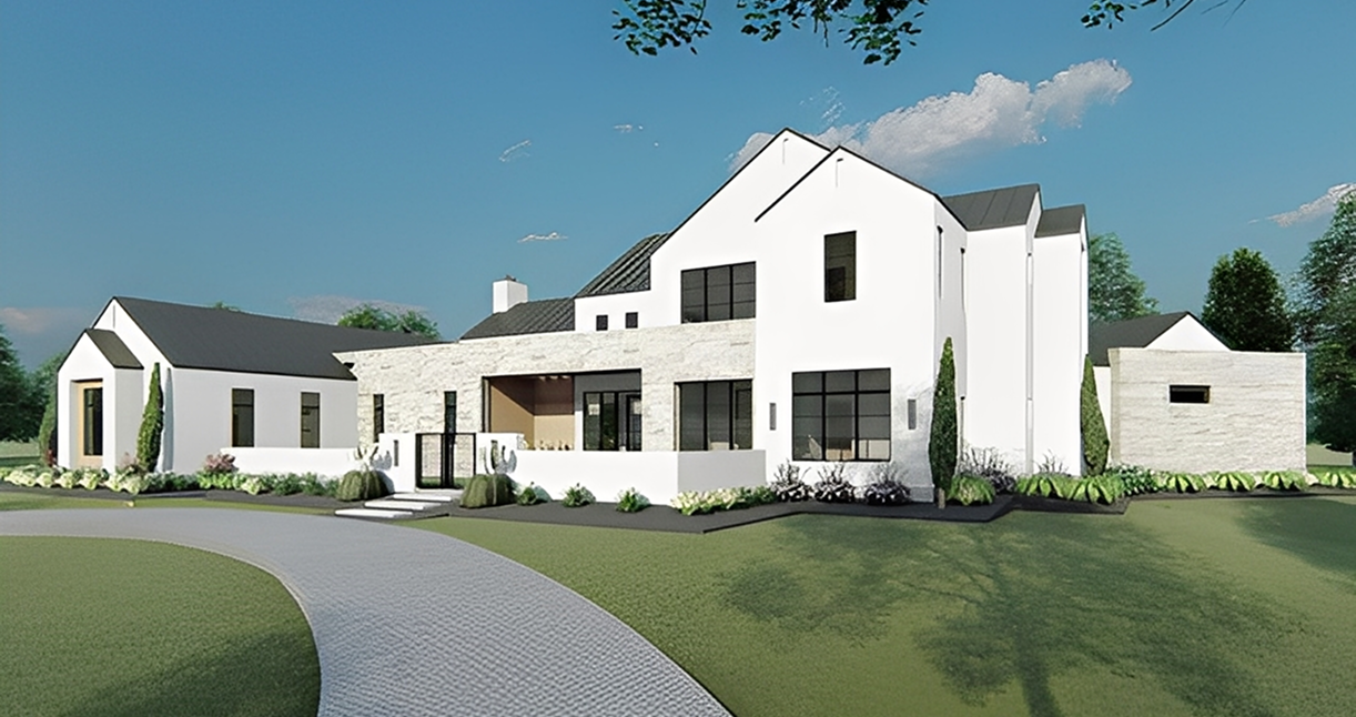 Modern white house with spacious front yard.