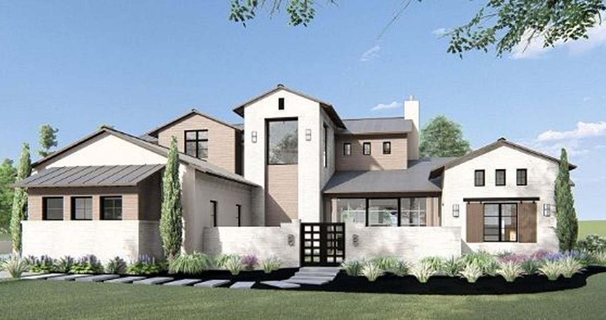 Modern two-story house with landscaped garden.