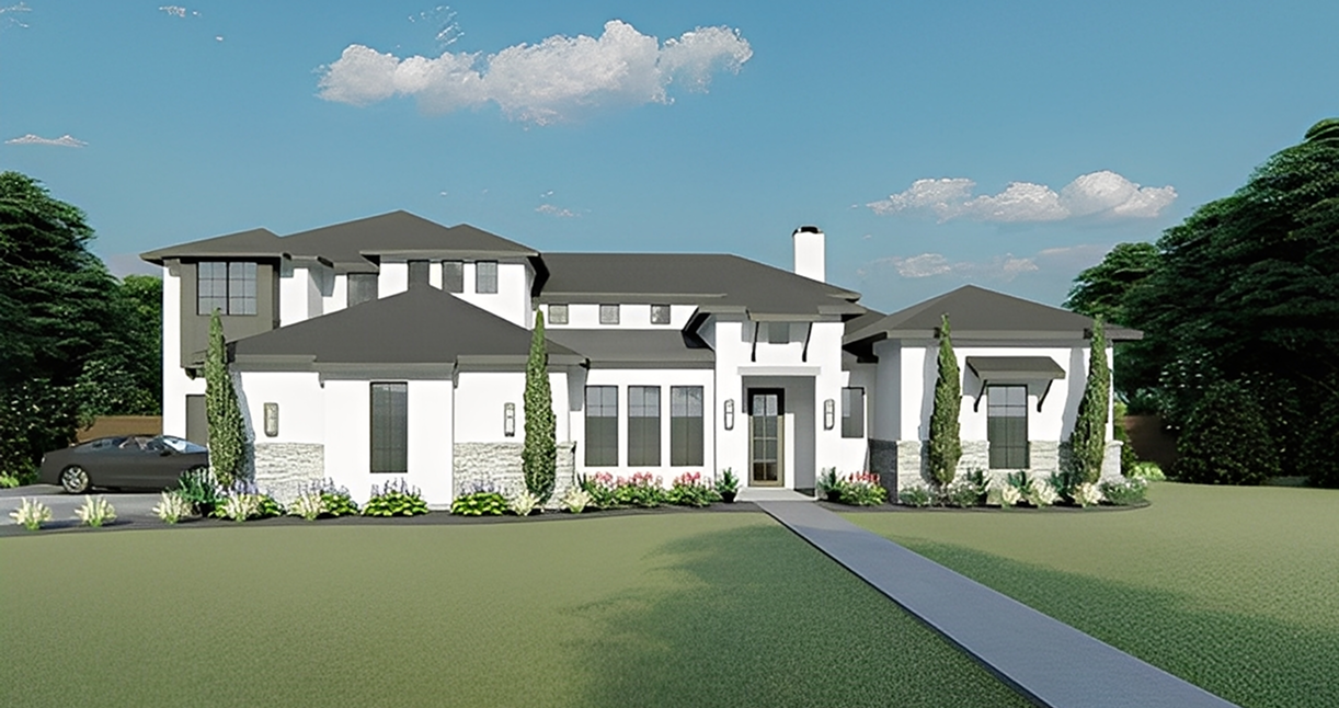Modern two-story house with landscaped yard.