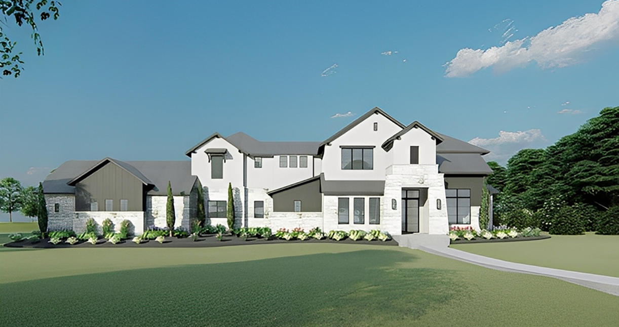Modern two-story house with landscaped garden.