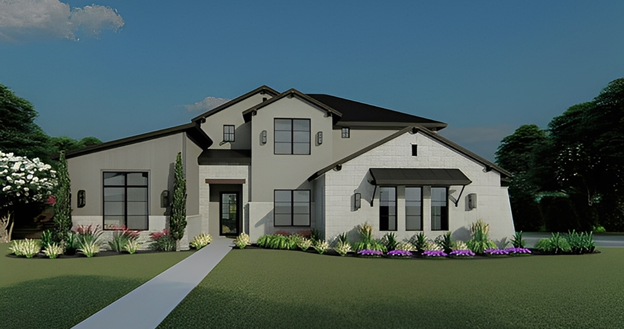 Modern house with landscaped front yard.