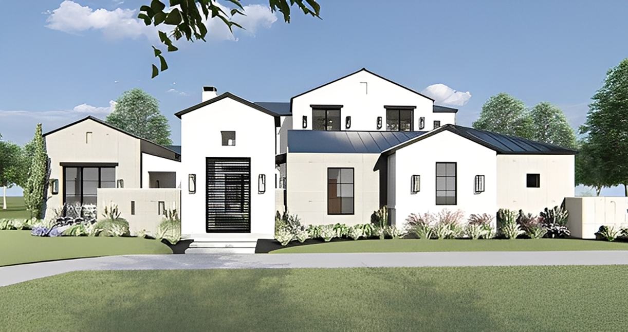 Modern white house with green lawn.