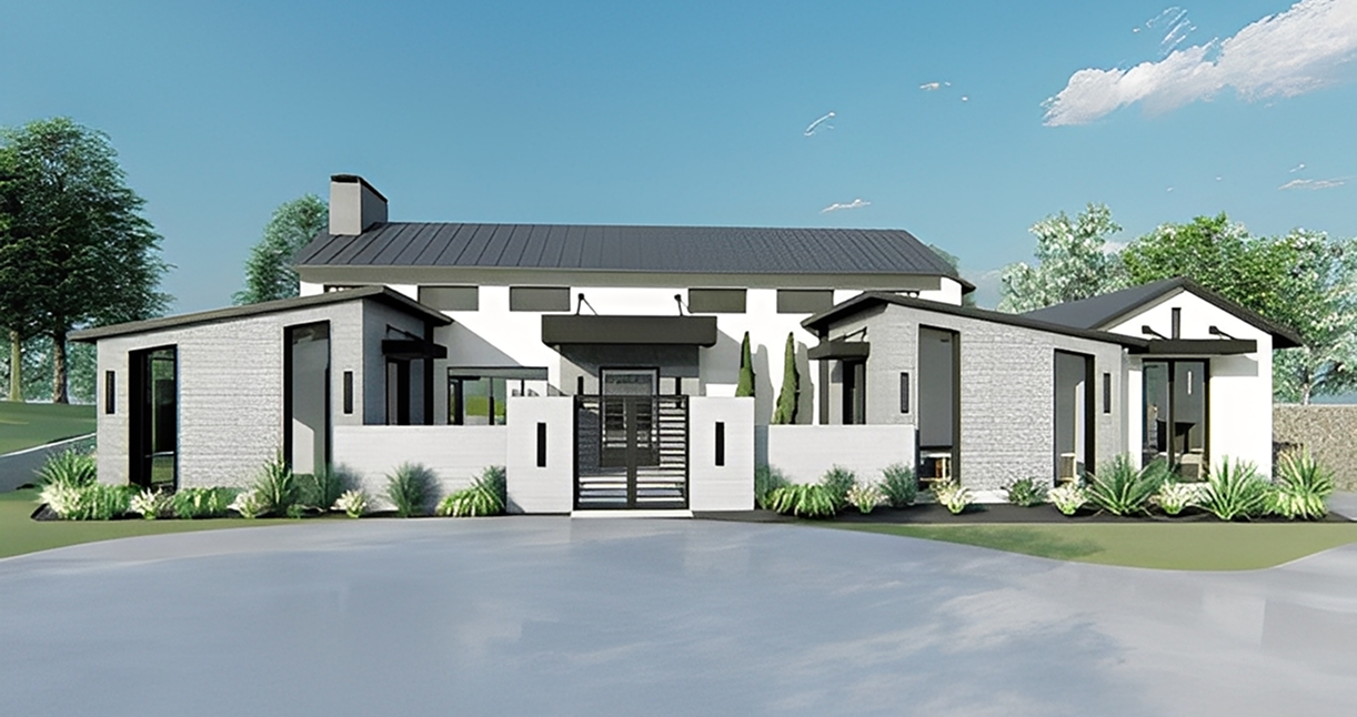 Modern house with large windows and greenery.