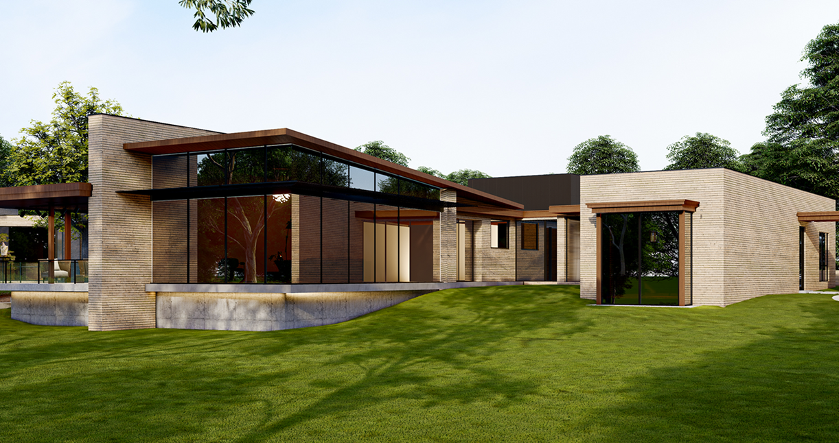 Modern house with large windows and lawn.