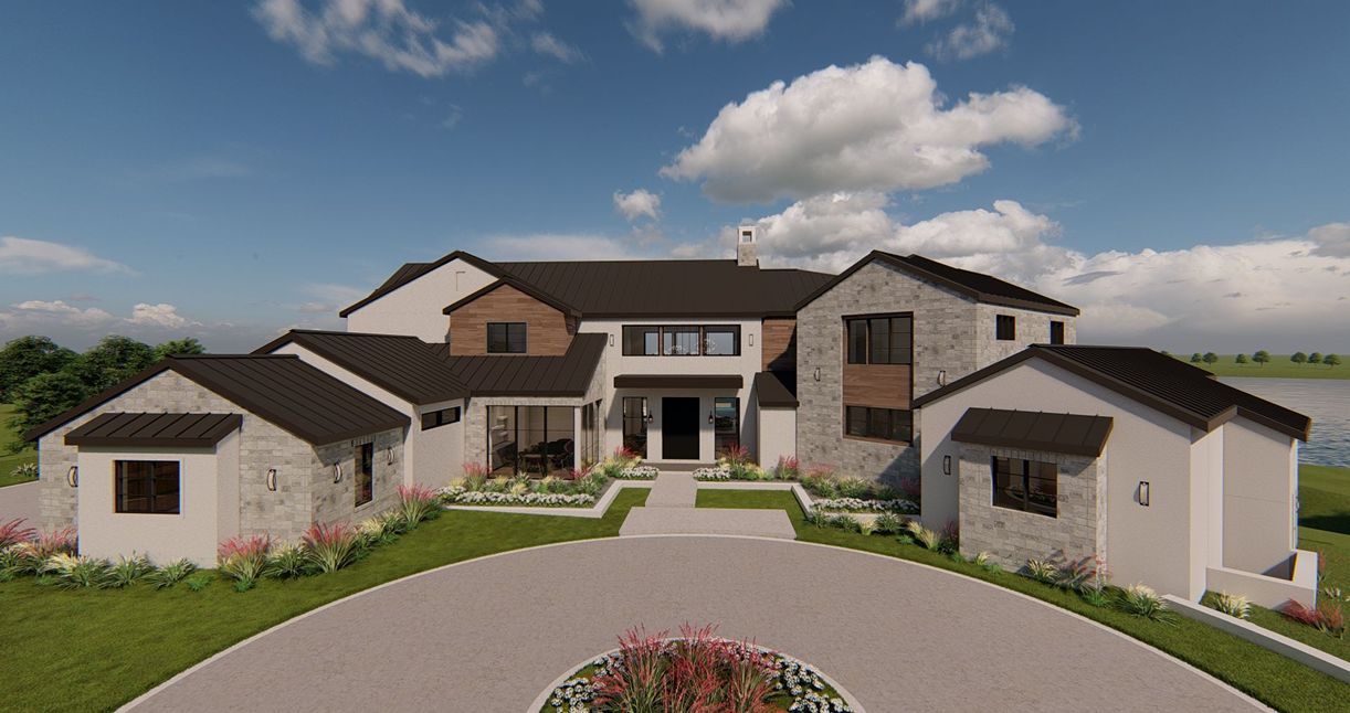 Modern house with stone and wood accents.