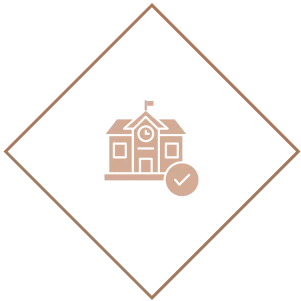 School icon with checkmark inside diamond.